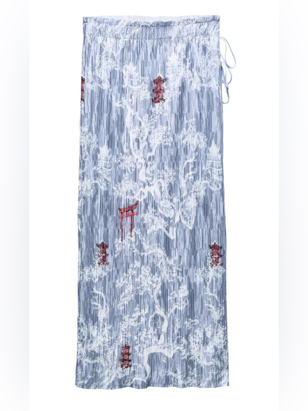 Zara Pleated Midi Skirt Light Blue White Tree & Red Pagoda Print Large NWT! $46